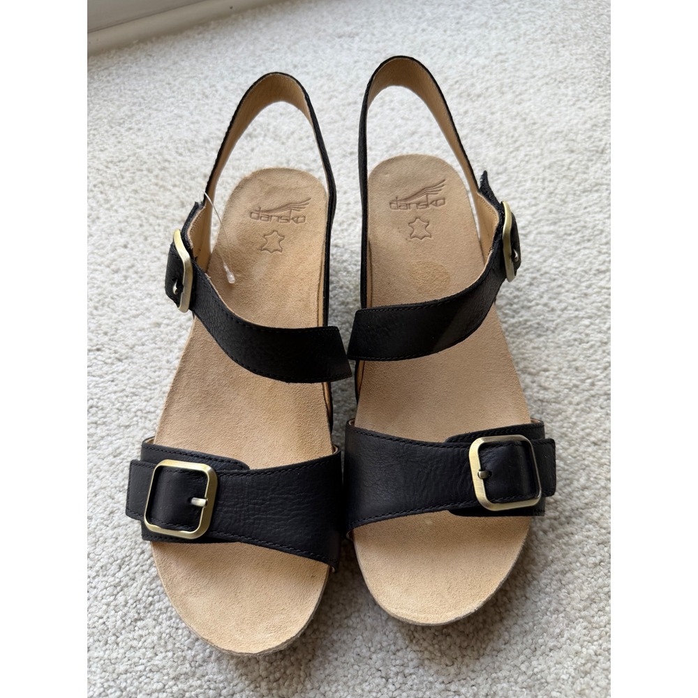 Dansko Trinity Sandals 41 Black Leather Slingback Wedge Buckle